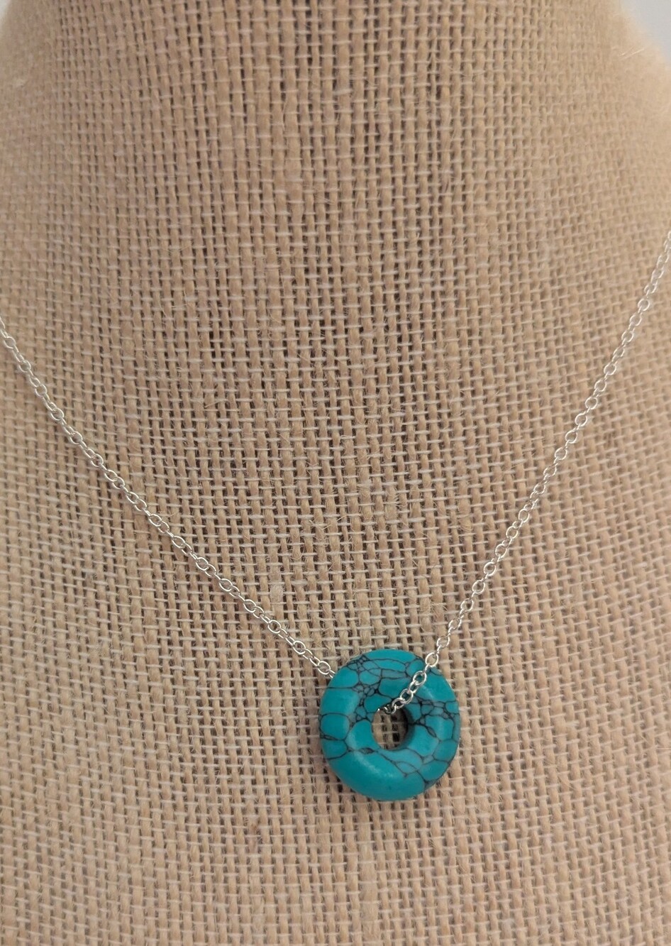 .75" Natural Turquoise Donut Pendant • 925 Sterling Silver Plated Chain •P61526-